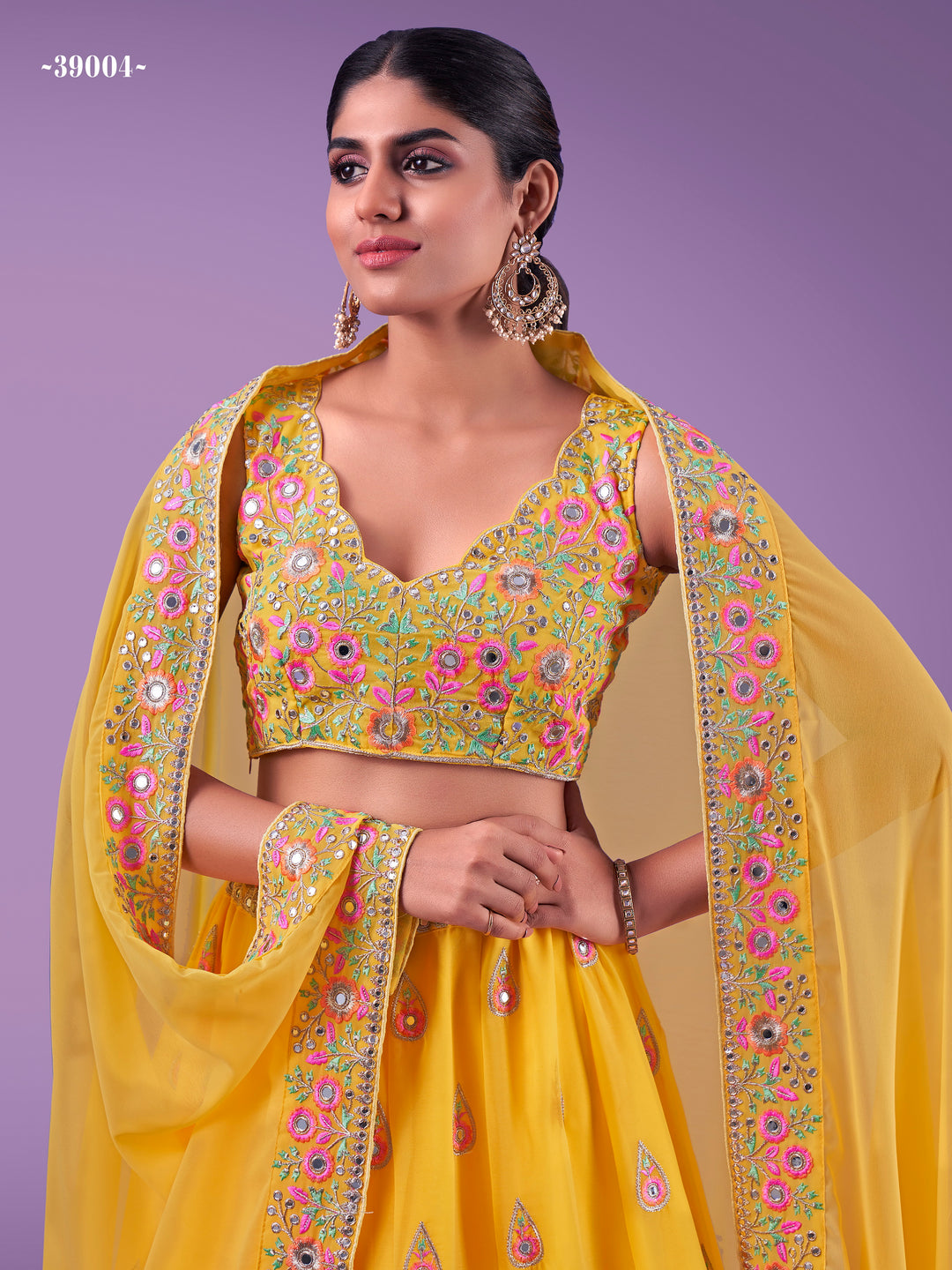 Wedding-ready Yellow Georgette Lehenga | Elegant Threadwork Included