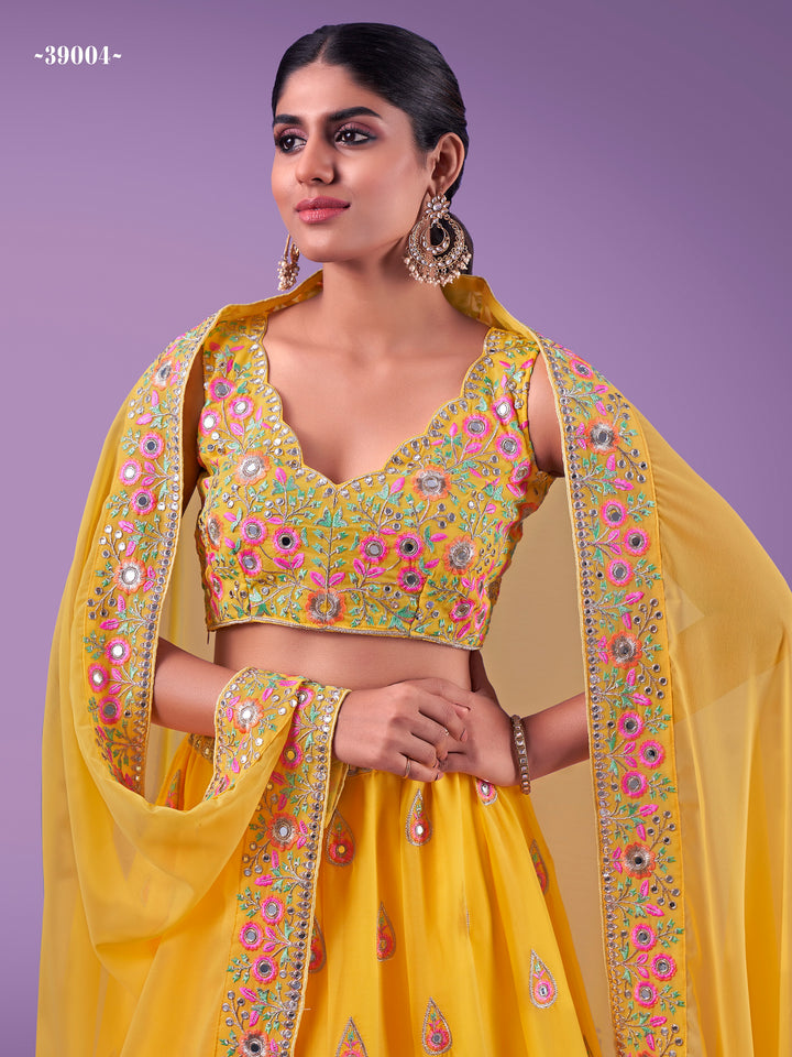 Wedding-ready Yellow Georgette Lehenga | Elegant Threadwork Included