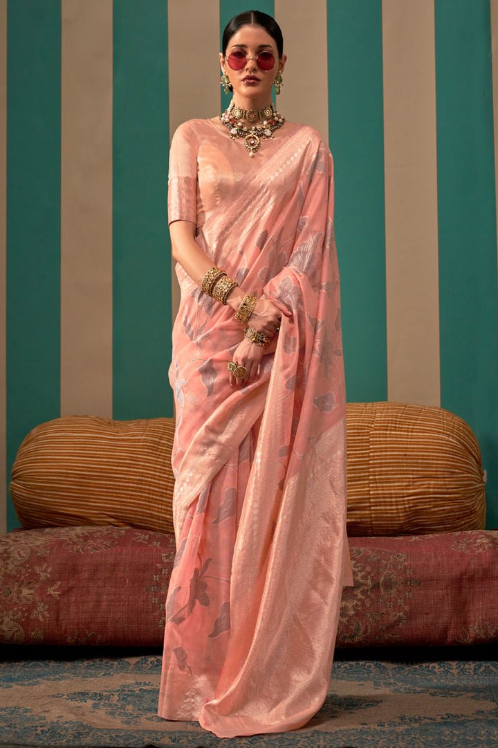 Elegant Linen Saree with Jacquard Woven Work | Includes Matching Linen