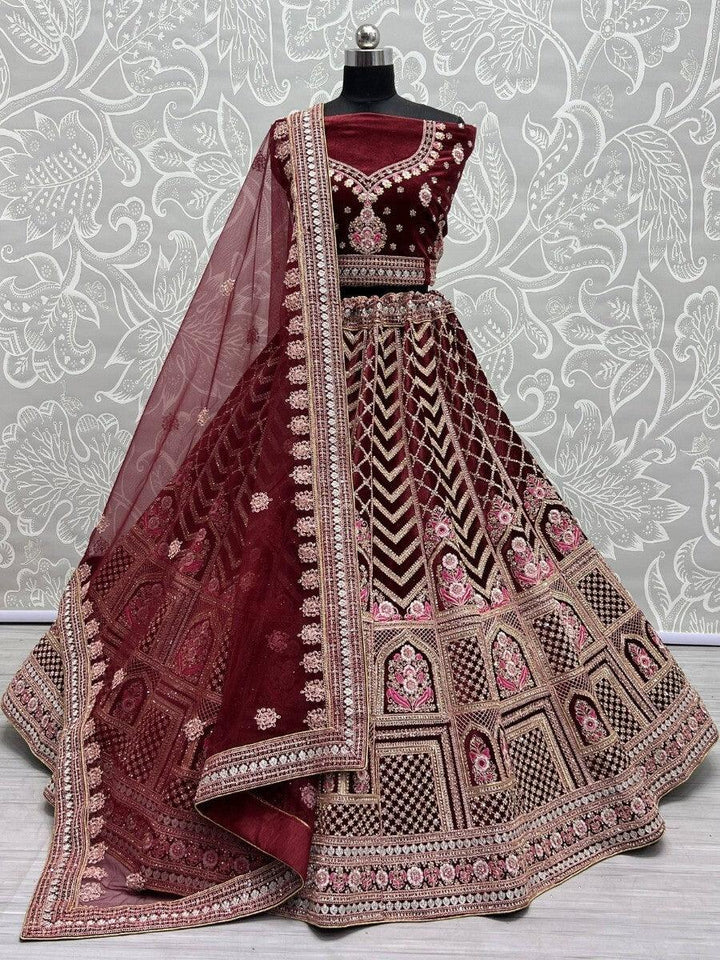 Velvet Maroon Lehenga Choli | Wedding & Reception with Lace Dupatta