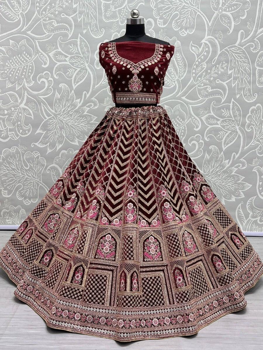 Velvet Maroon Lehenga Choli | Wedding & Reception with Lace Dupatta