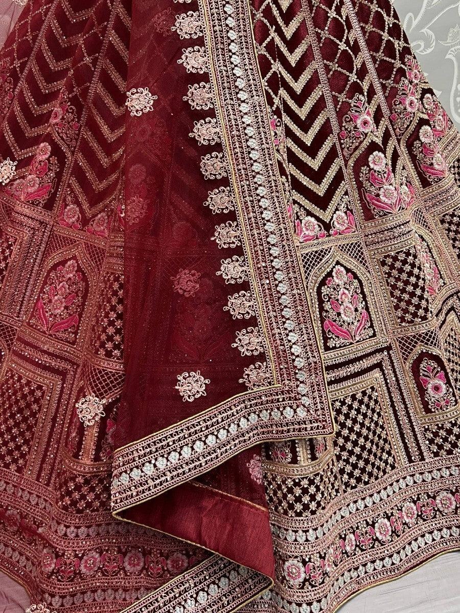 Velvet Maroon Lehenga Choli | Wedding & Reception with Lace Dupatta