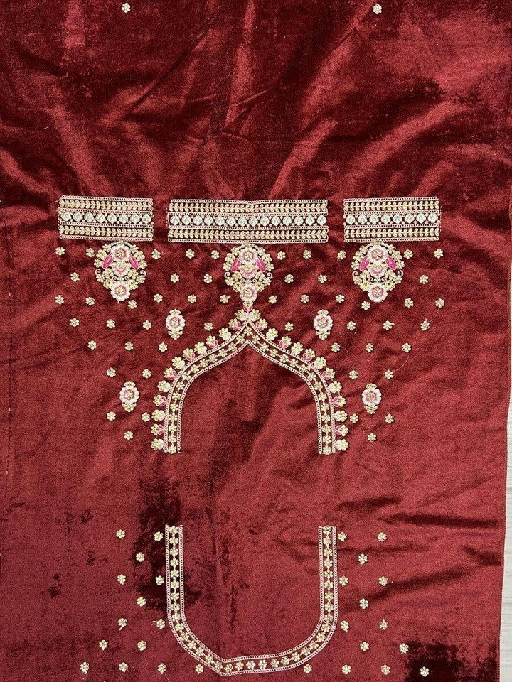 Velvet Maroon Lehenga Choli | Wedding & Reception with Lace Dupatta