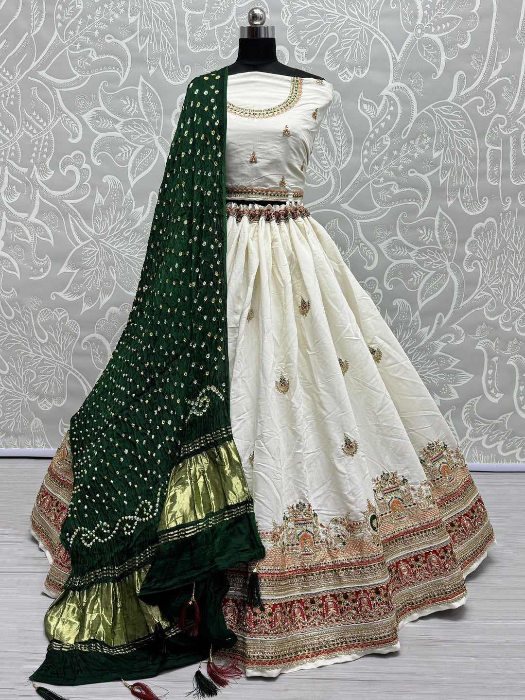 Dazzling White Lehenga Choli | Silk with Thread Work & Bandhej Dupatta