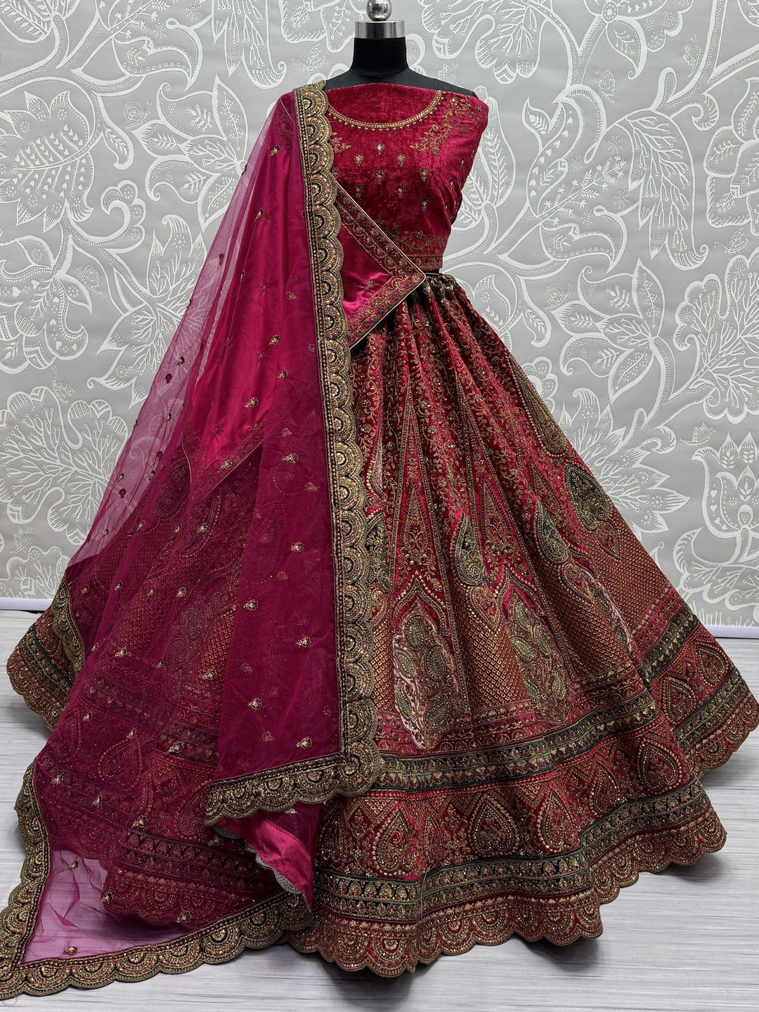 Luxury Rani Pink Velvet Lehenga | Bridal Lehenga with Double Dupatta