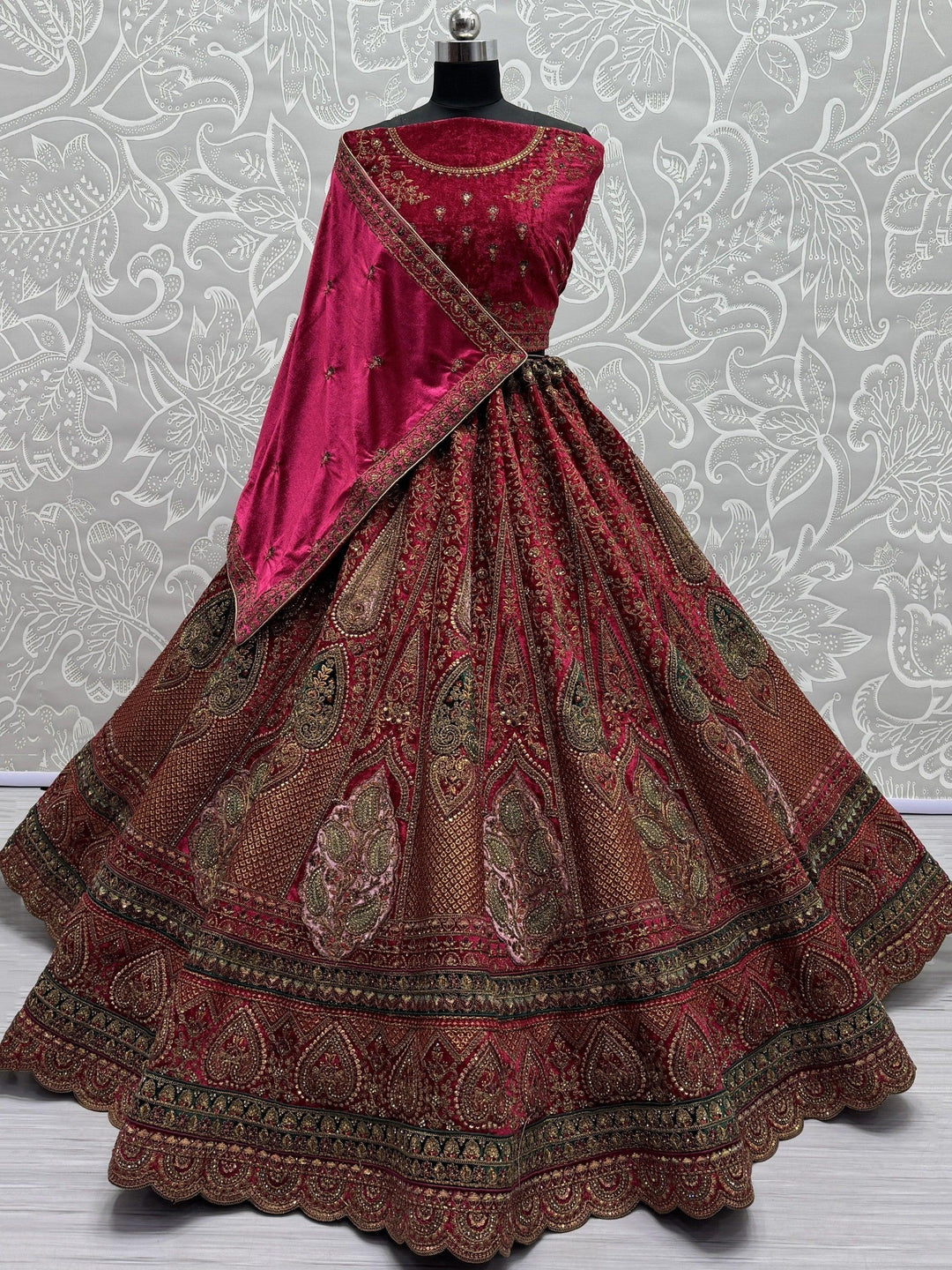 Luxury Rani Pink Velvet Lehenga | Bridal Lehenga with Double Dupatta