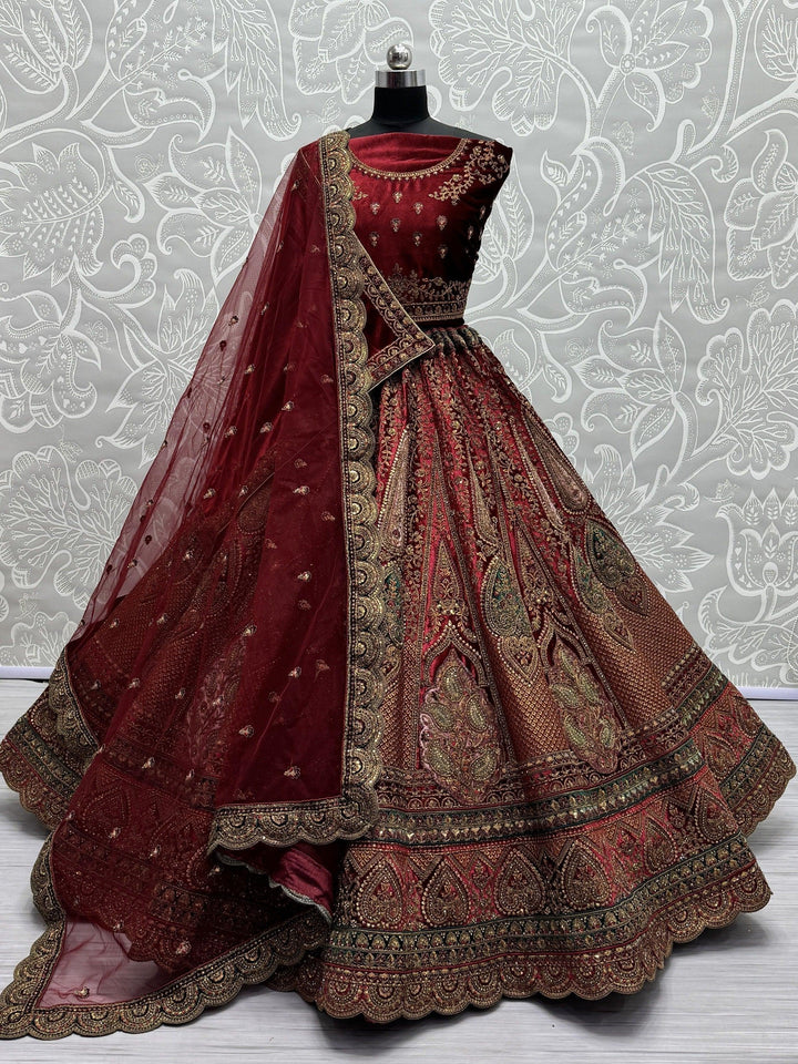 Designer Maroon Velvet Lehenga | Bridal Choli with Dori & Diamond Work