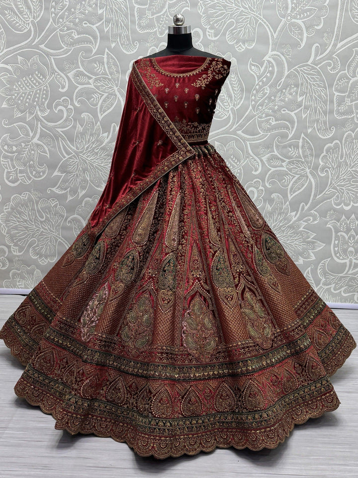 Designer Maroon Velvet Lehenga | Bridal Choli with Dori & Diamond Work