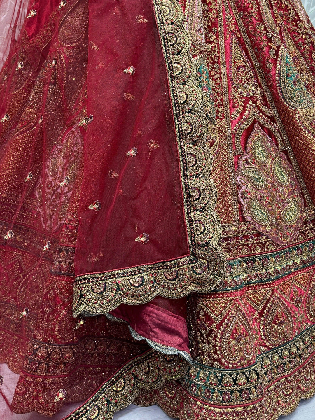 Designer Maroon Velvet Lehenga | Bridal Choli with Dori & Diamond Work