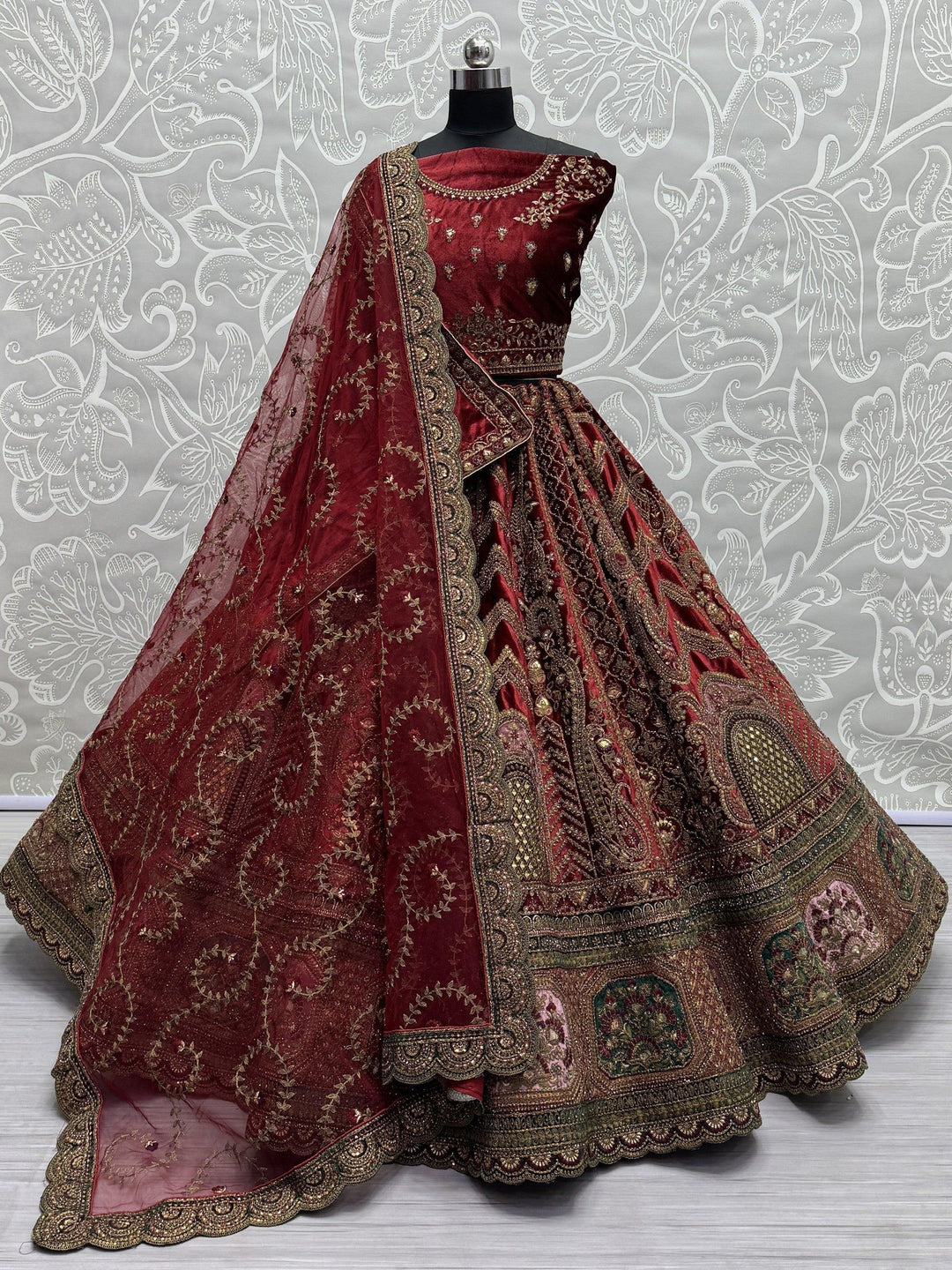 Rich Maroon Velvet Lehenga Choli | Sequins, Zari, and Mirror Work