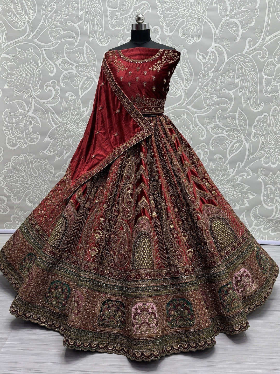 Rich Maroon Velvet Lehenga Choli | Sequins, Zari, and Mirror Work