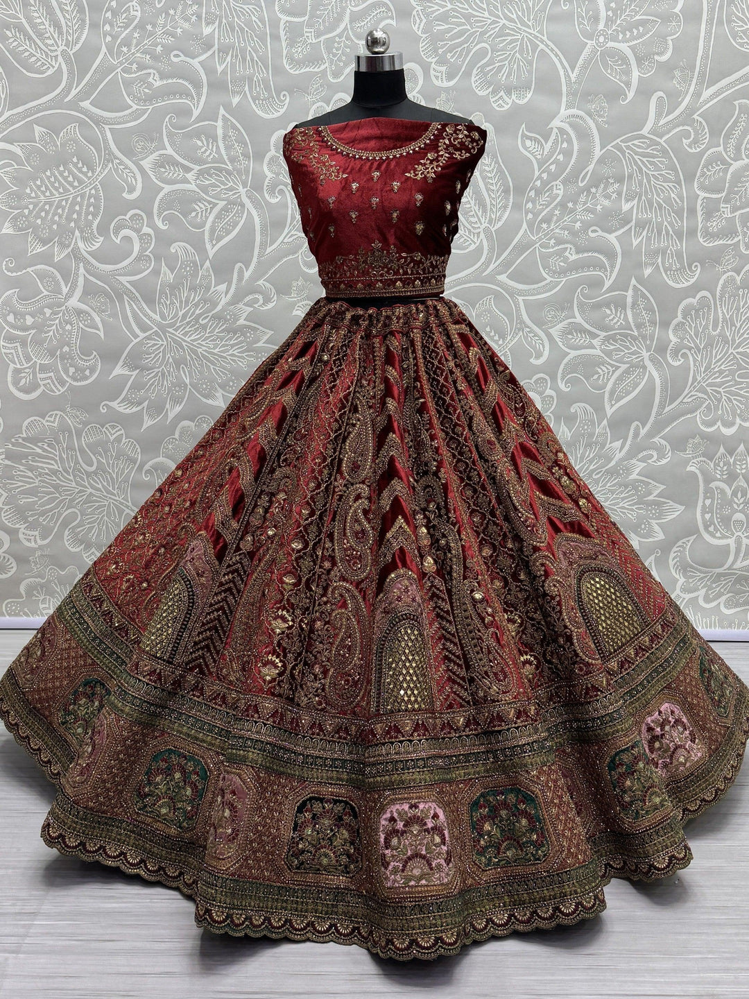 Rich Maroon Velvet Lehenga Choli | Sequins, Zari, and Mirror Work