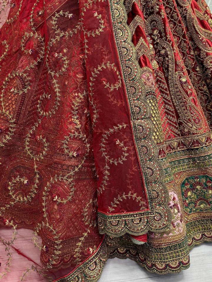 Rich Maroon Velvet Lehenga Choli | Sequins, Zari, and Mirror Work