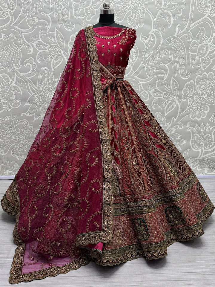 Bridal Rani Pink Velvet Lehenga | Customizable Fit with Double Dupatta