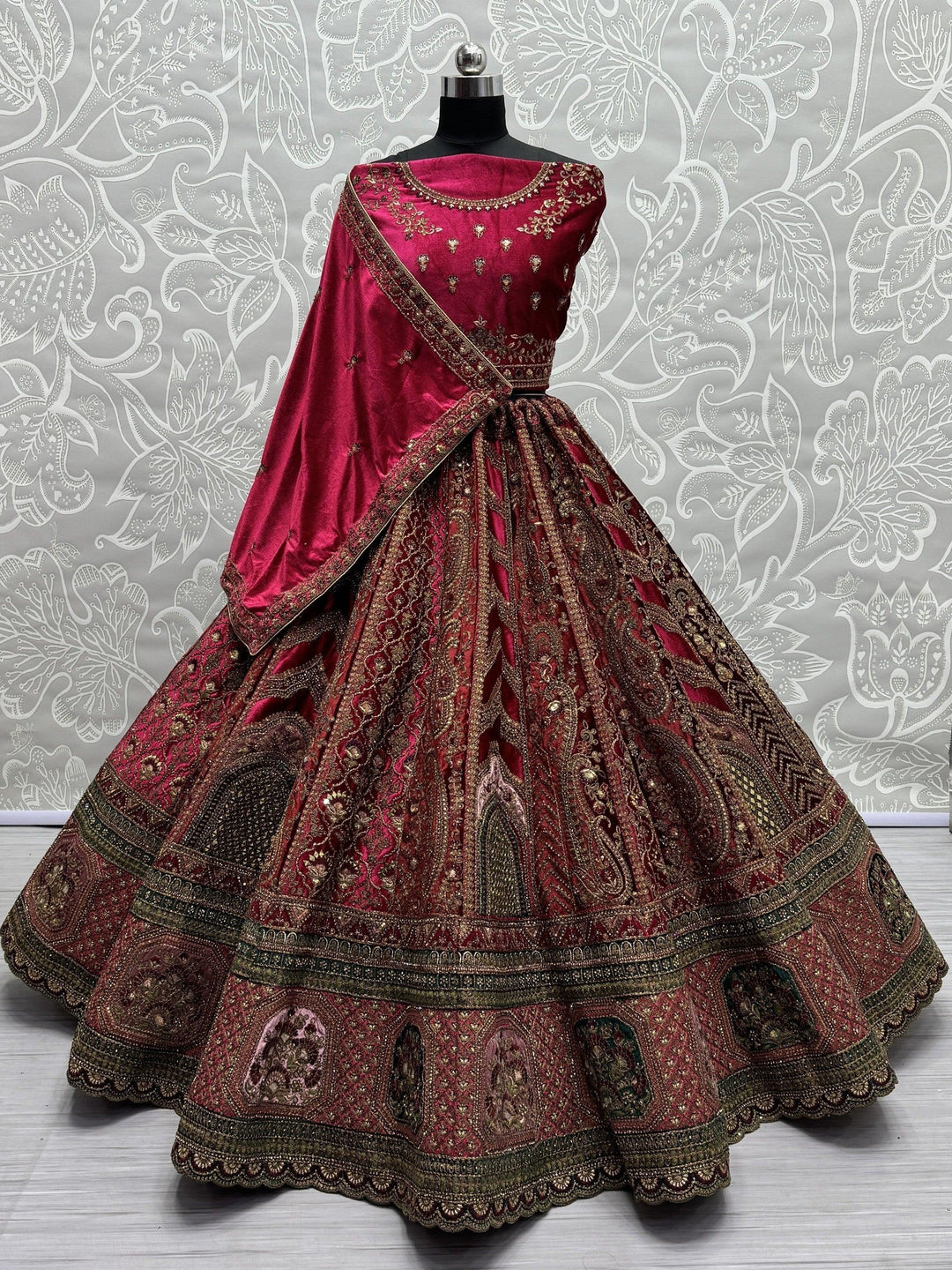 Bridal Rani Pink Velvet Lehenga | Customizable Fit with Double Dupatta