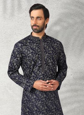 Navy Blue Designer Cotton  Kurta Pajama | Perfect for Grand Celebrations & Traditional Gatherings