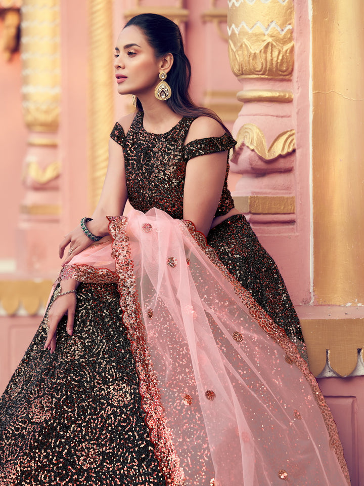 Black Lehenga with Sparkling Patterns | Peach Dupatta Festive Ensemble