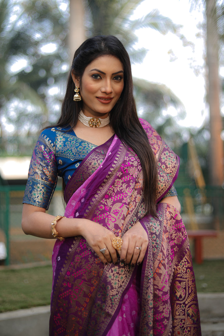 Elegant Purple Bandhej Silk Saree featuring a stunning Kanjivaram border and Minakari pallu.