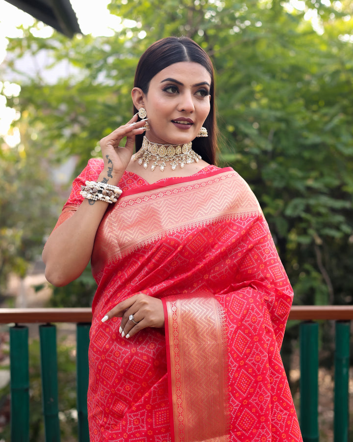 Stunning red Bandhej Patola silk saree featuring intricate patterns and luxurious zari weaving, perfect for festive occasions.