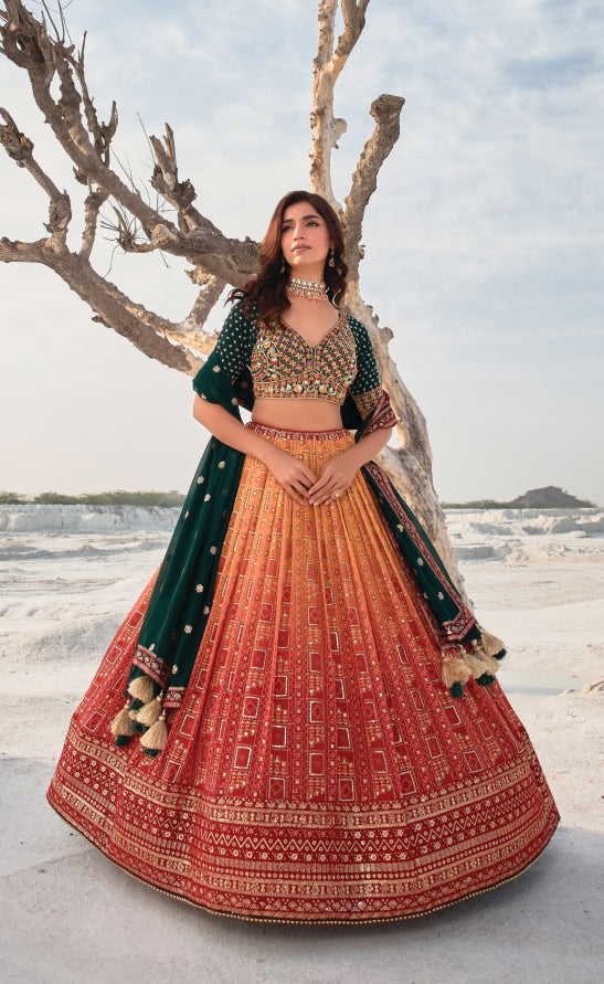 Stunning multicolor bandhani lehenga with a bridal choli and vibrant green dupatta, perfect for weddings and celebrations.