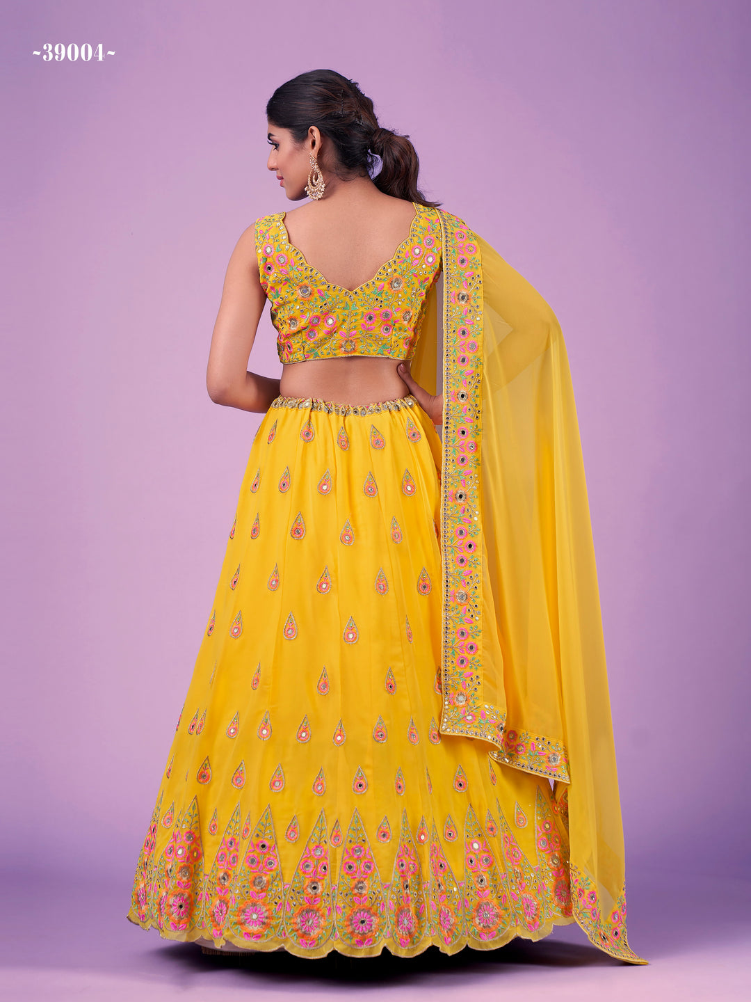 Wedding-ready Yellow Georgette Lehenga | Elegant Threadwork Included