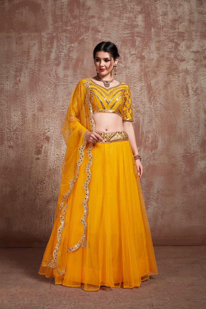 Stylish Mustard Net Lehenga Choli | Sequins & Lace Wedding Attire