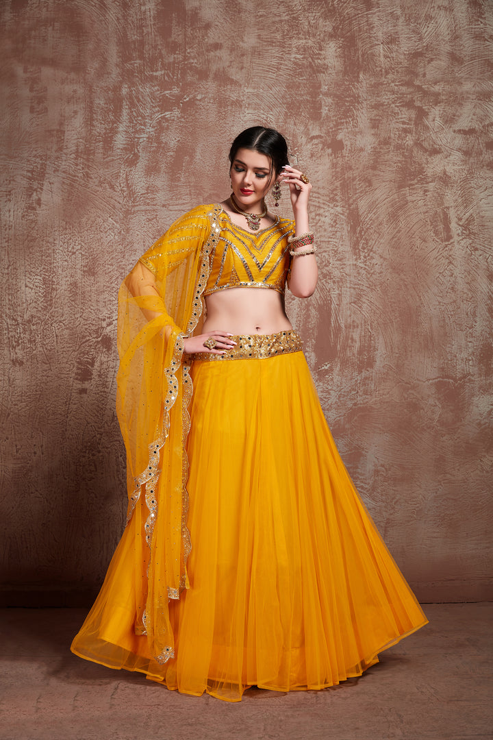 Stylish Mustard Net Lehenga Choli | Sequins & Lace Wedding Attire