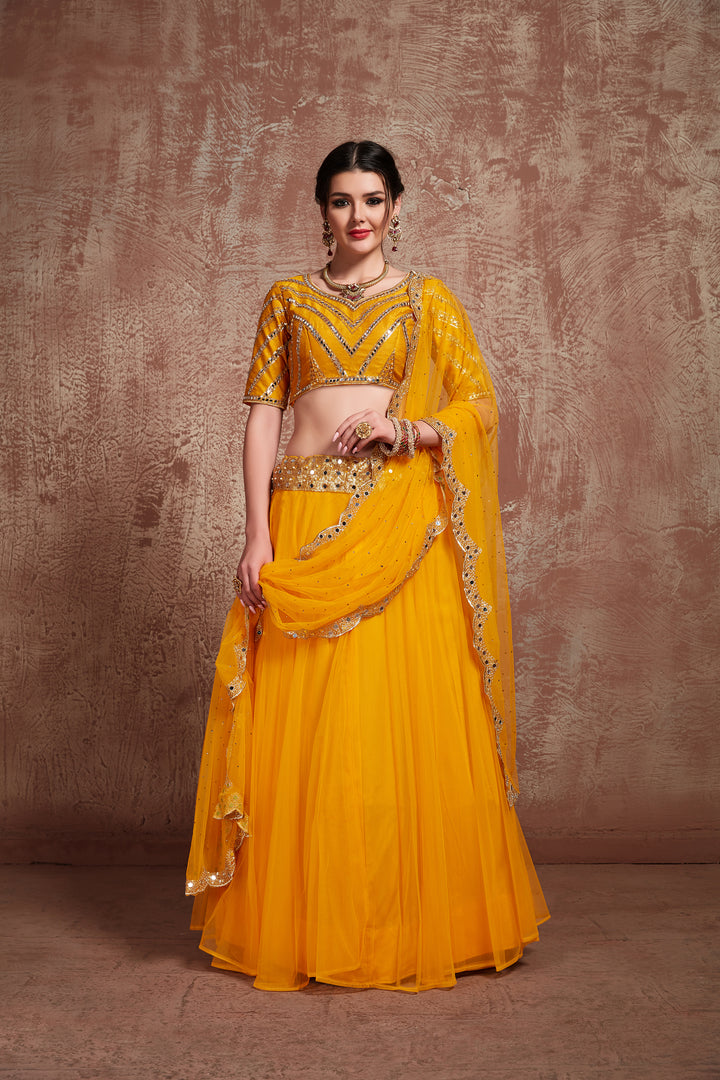 Stylish Mustard Net Lehenga Choli | Sequins & Lace Wedding Attire