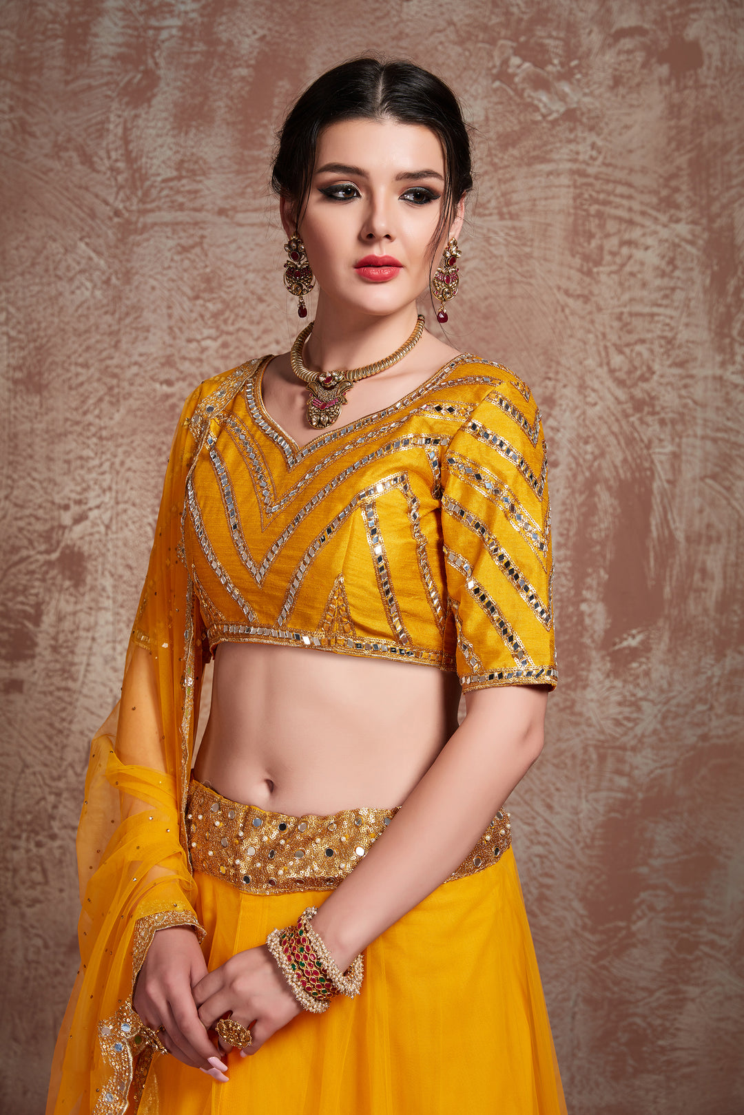 Stylish Mustard Net Lehenga Choli | Sequins & Lace Wedding Attire