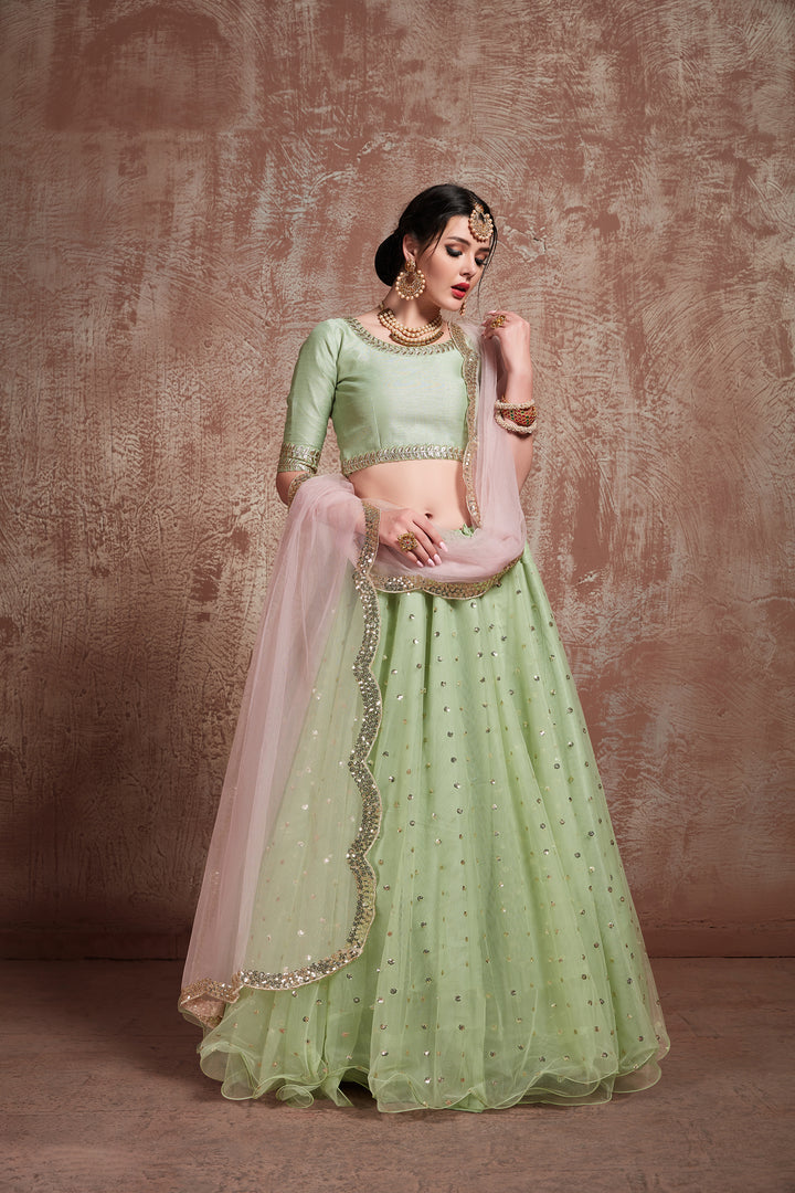 Elegant Pista Green Lehenga | Perfect Soft Net Attire for Celebrations