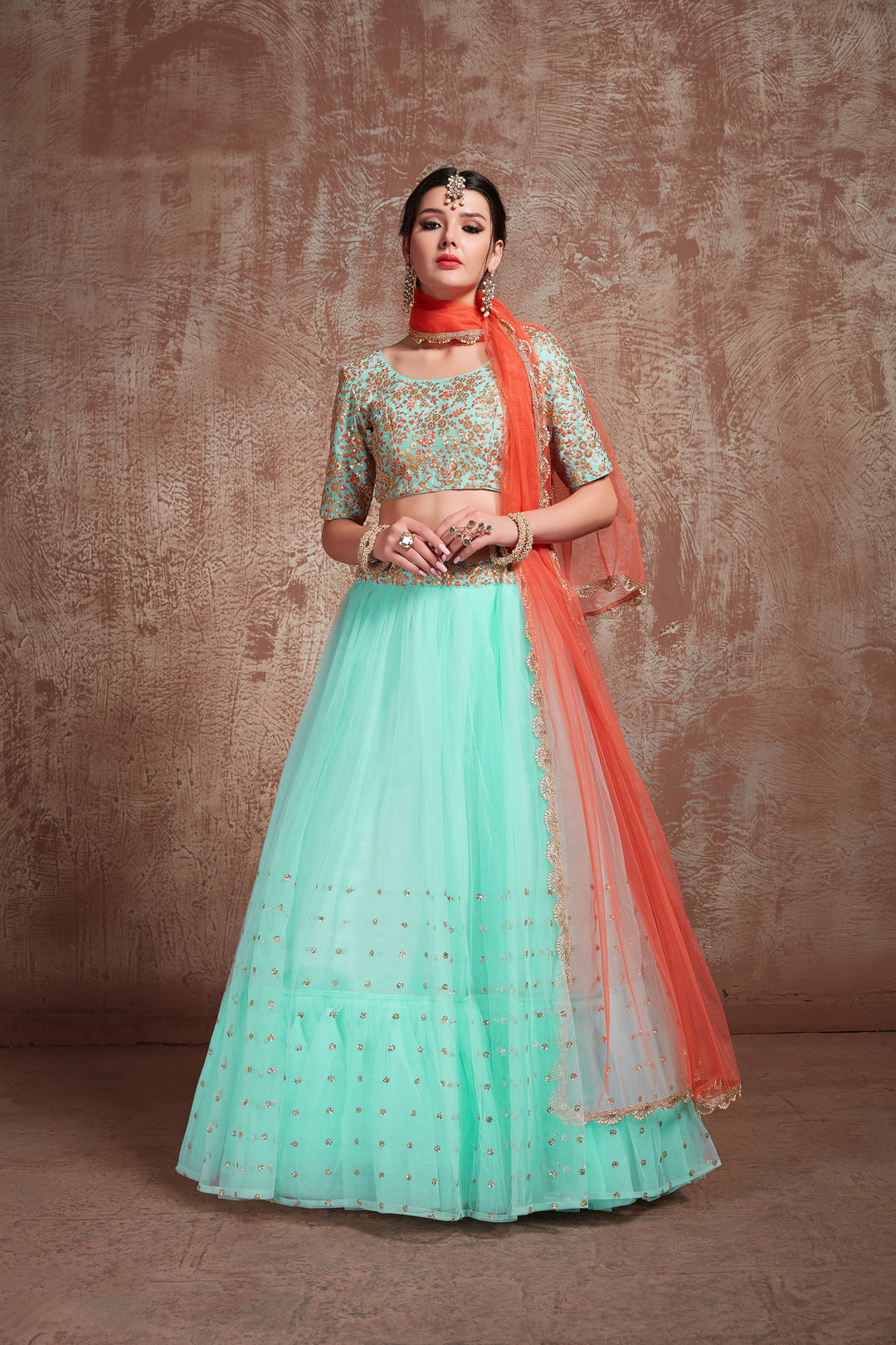 Turquoise Art Silk & Net Lehenga Choli | Sequins & Zari Embellishments