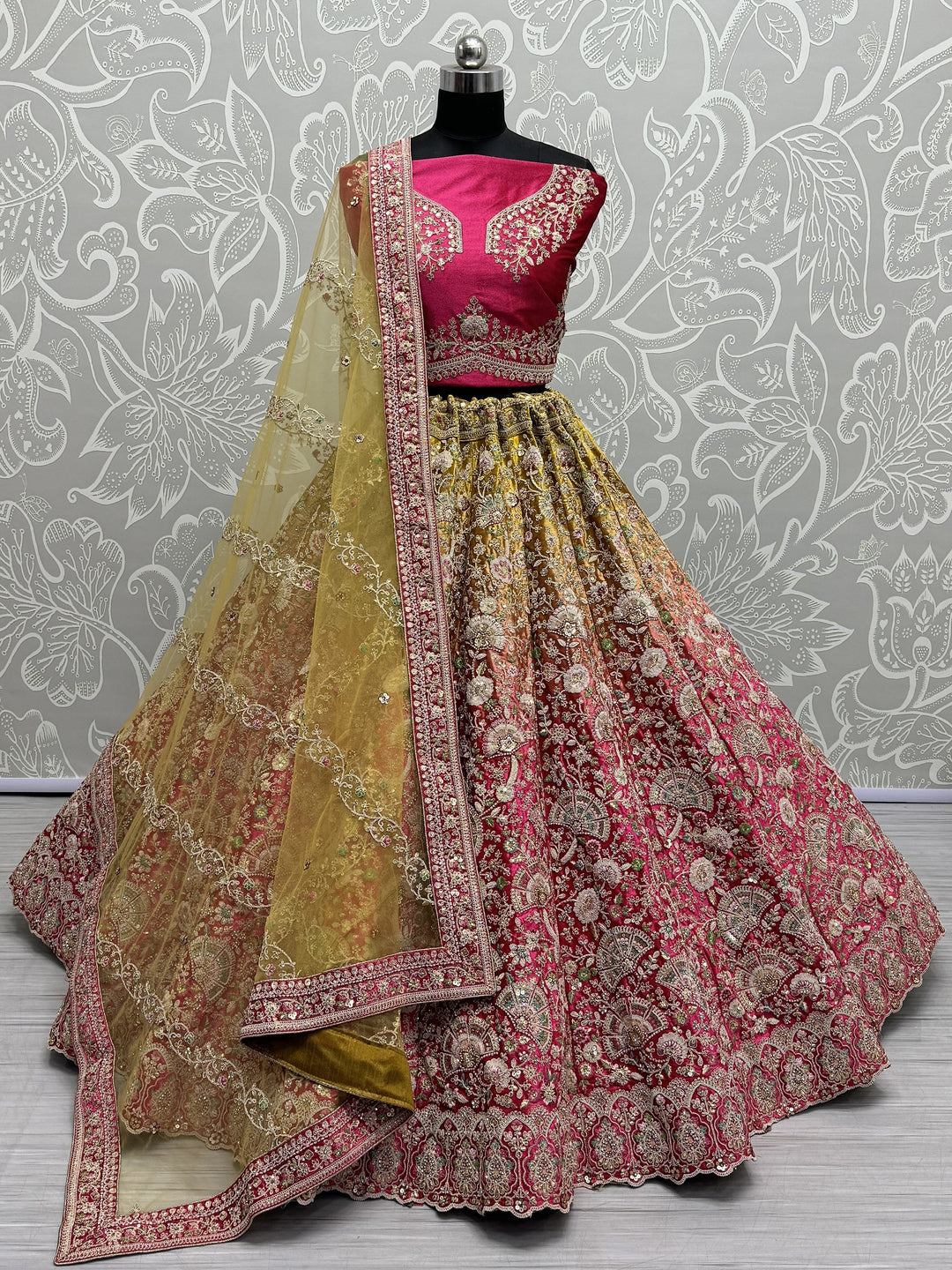 Gorgeous Pink Embroidered Velvet Bridal Lehenga Choli With Dupatta