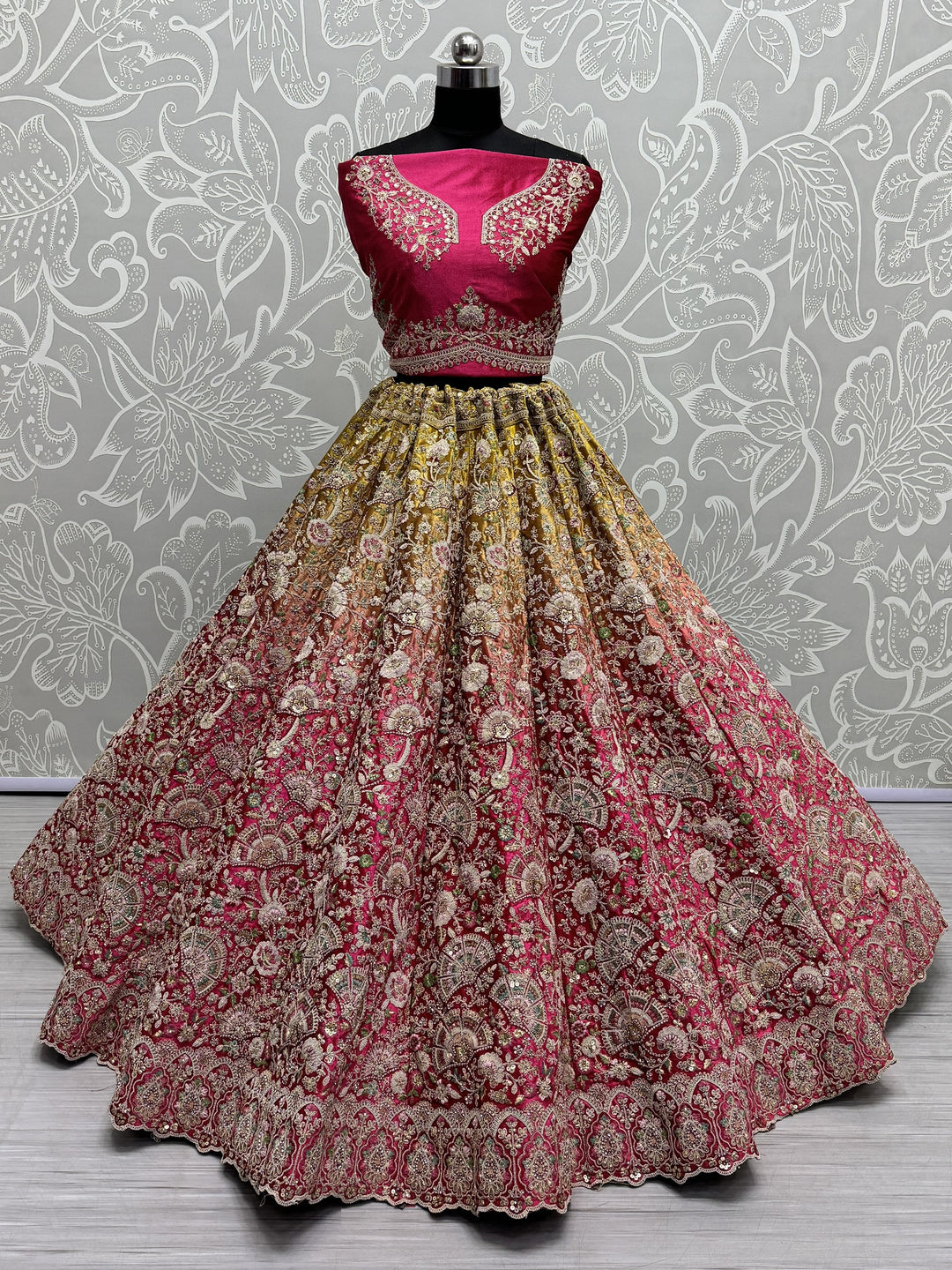 Gorgeous Pink Embroidered Velvet Bridal Lehenga Choli With Dupatta