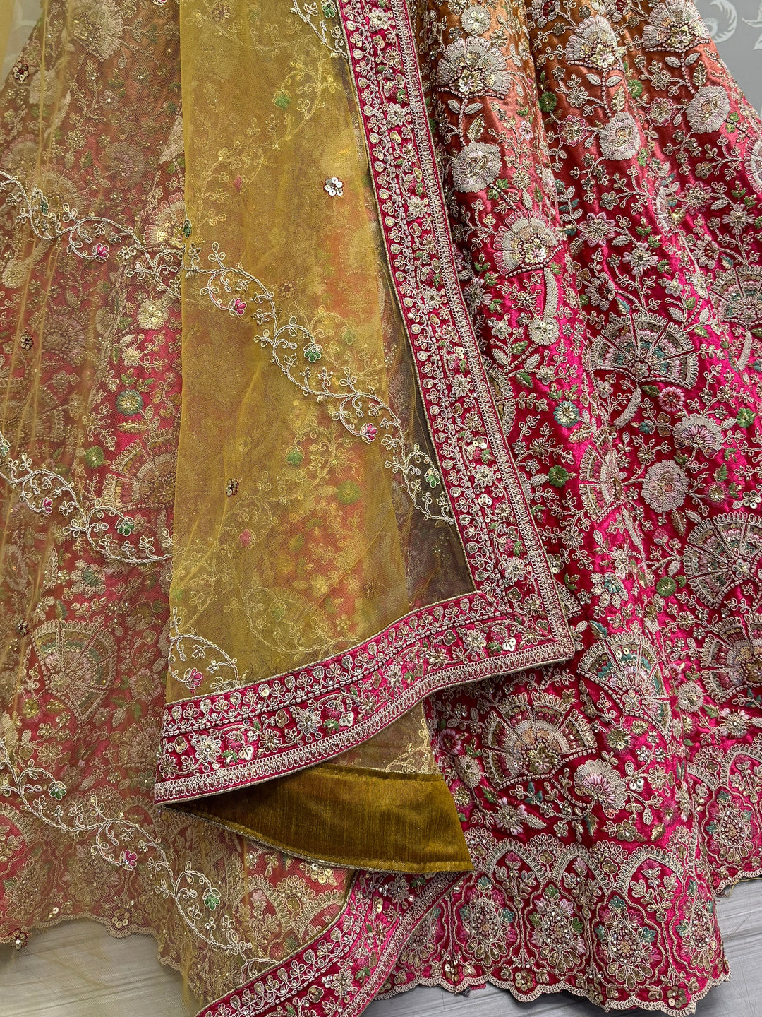 Gorgeous Pink Embroidered Velvet Bridal Lehenga Choli With Dupatta