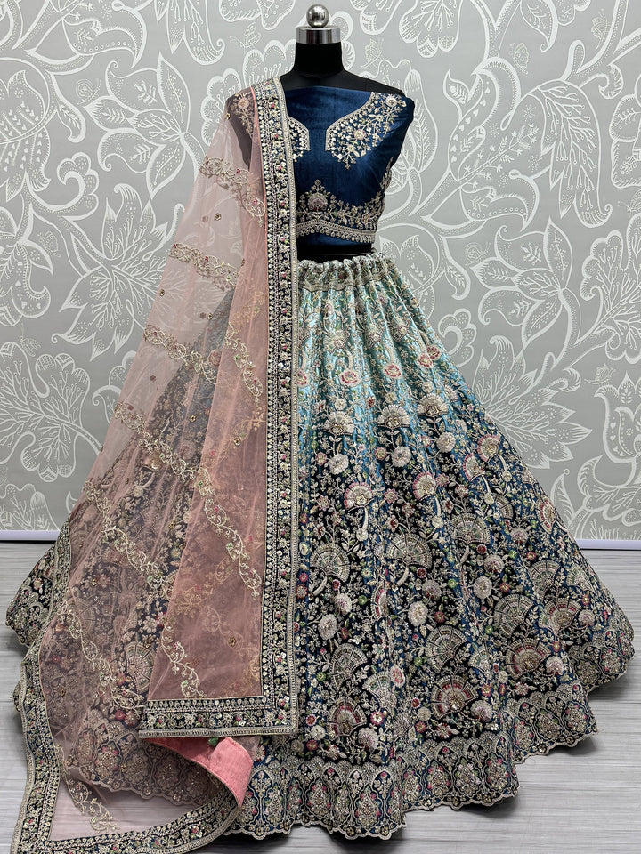 Blue Velvet Bridal Lehenga | Sequin & Zari Work with Peach Dupatta