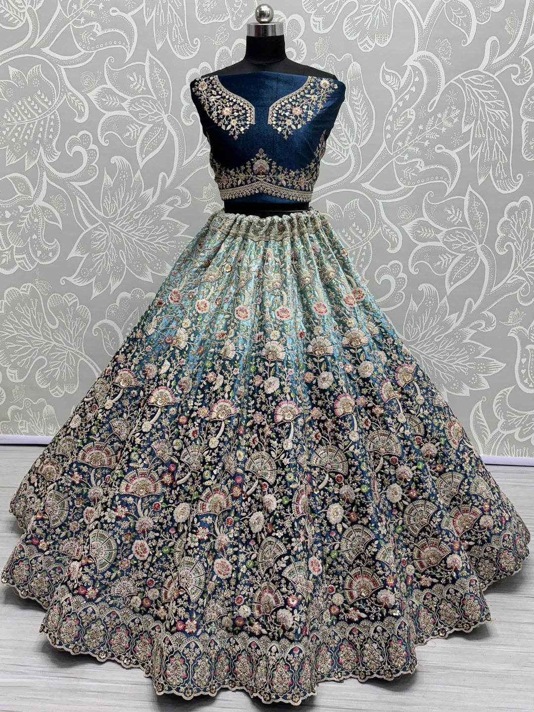 Blue Velvet Bridal Lehenga | Sequin & Zari Work with Peach Dupatta