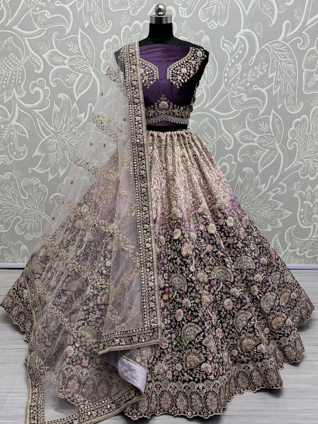 Astonishing Purple Embroidered Velvet Designer Lehenga Choli