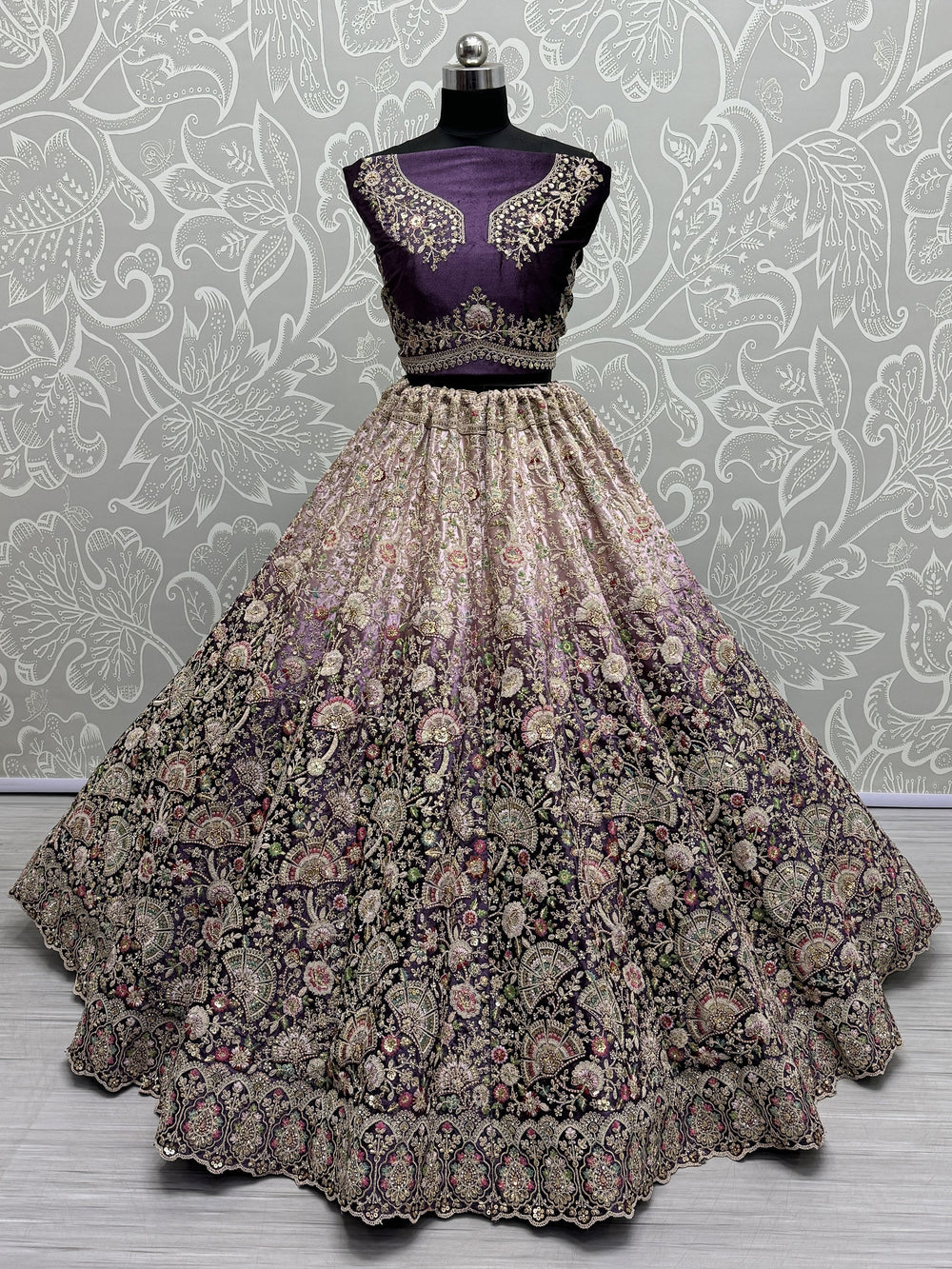 Astonishing Purple Embroidered Velvet Designer Lehenga Choli