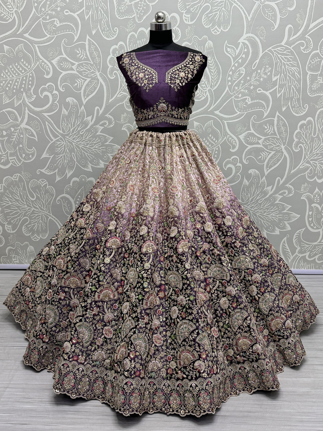 Astonishing Purple Embroidered Velvet Designer Lehenga Choli