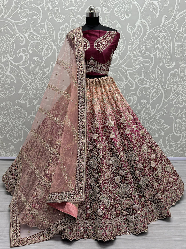 Fabulous Wine Embroidered Velvet Bridal Lehenga Choli With Dupatta