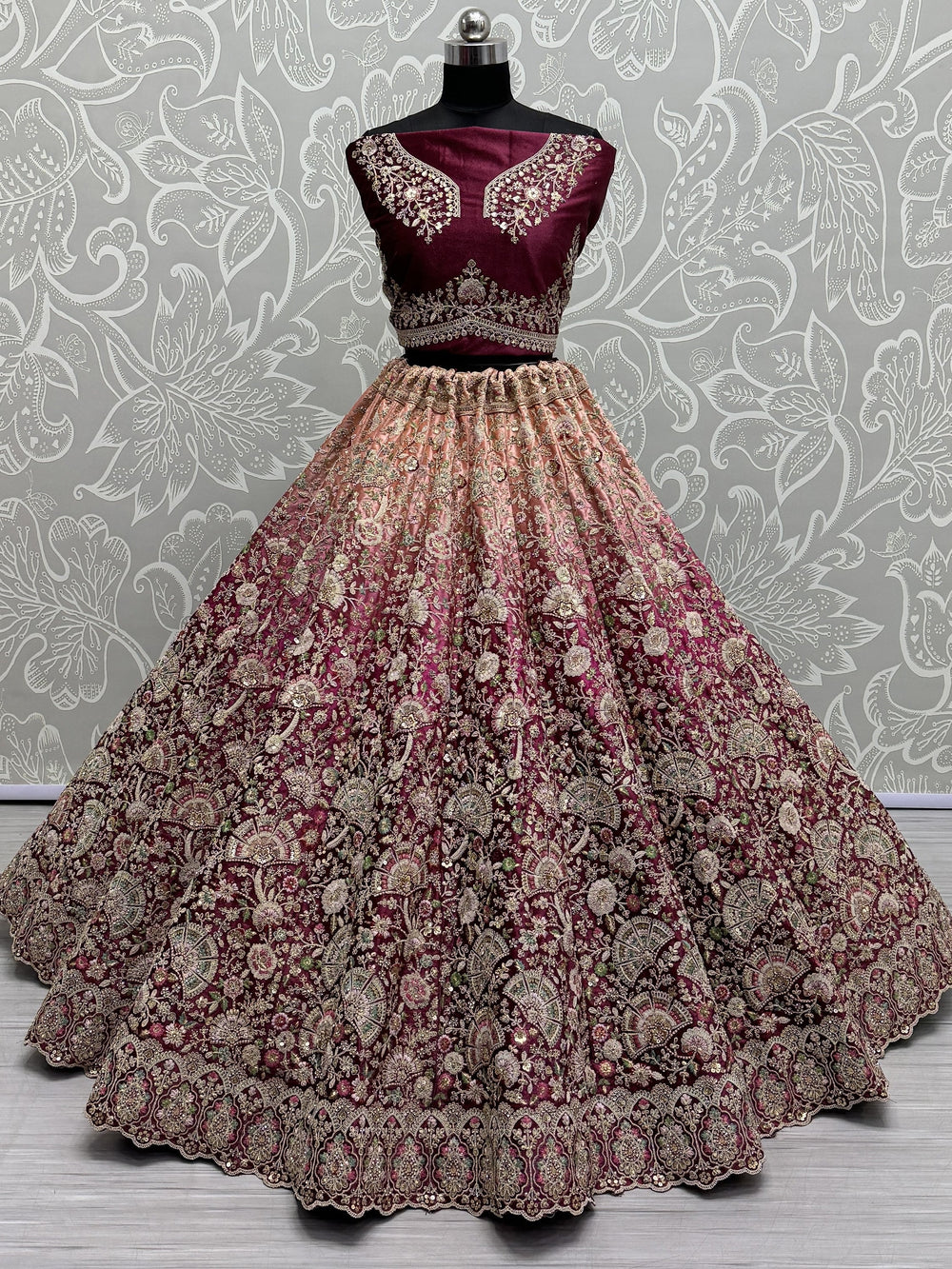 Fabulous Wine Embroidered Velvet Bridal Lehenga Choli With Dupatta