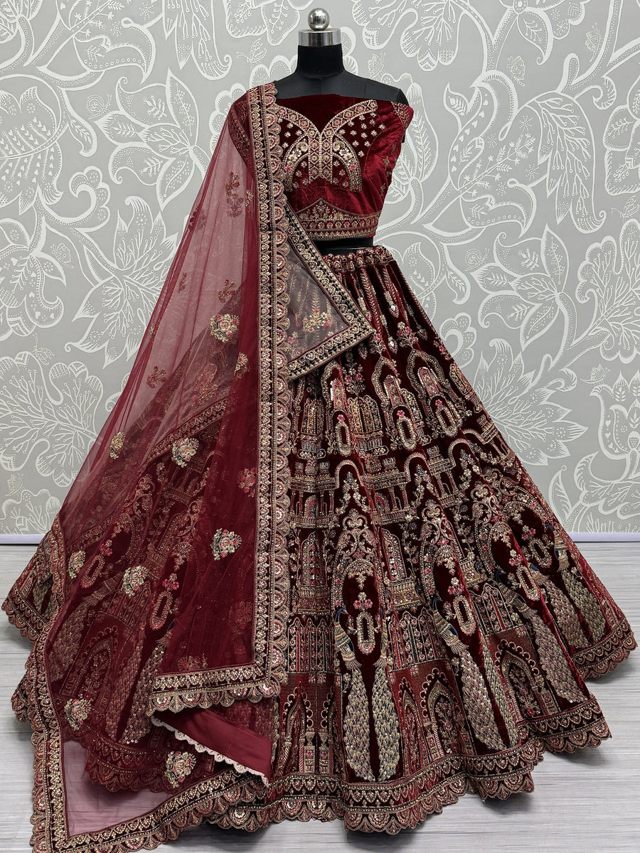 Beautiful Maroon Velvet Bridal Lehenga Choli With Double Dupatta