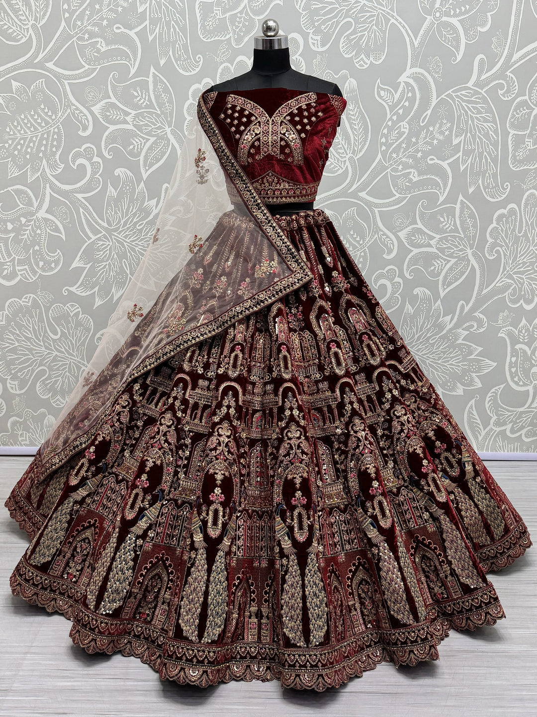 Beautiful Maroon Velvet Bridal Lehenga Choli With Double Dupatta