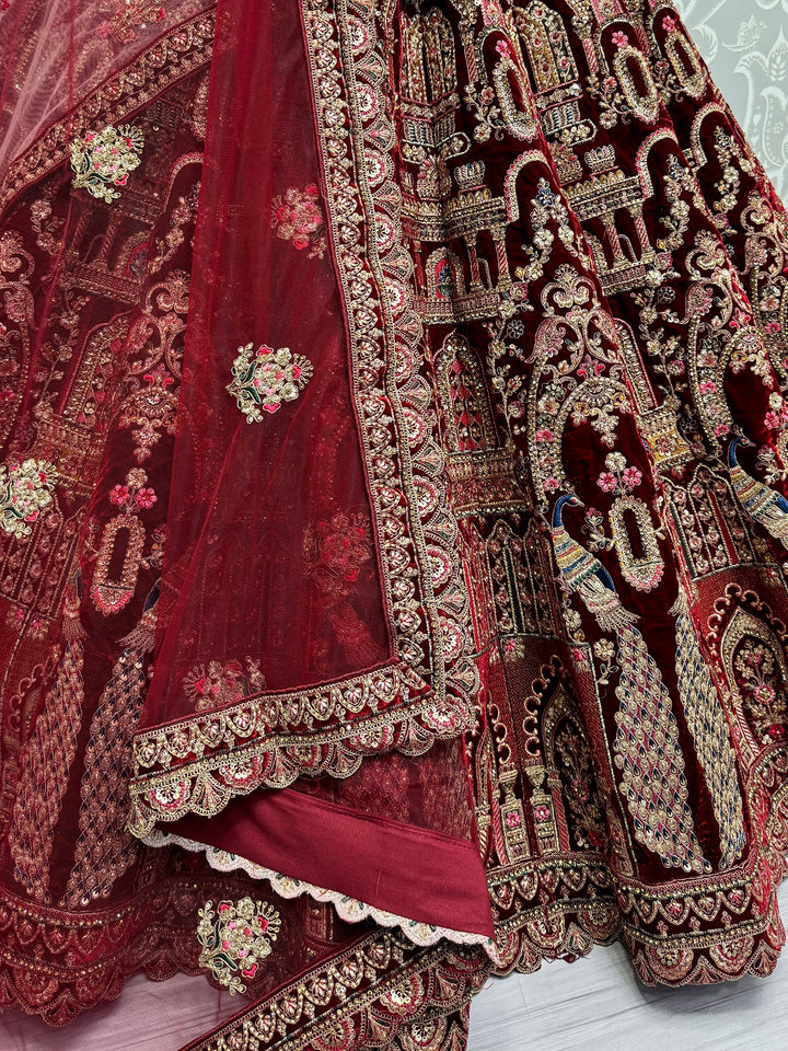 Beautiful Maroon Velvet Bridal Lehenga Choli With Double Dupatta