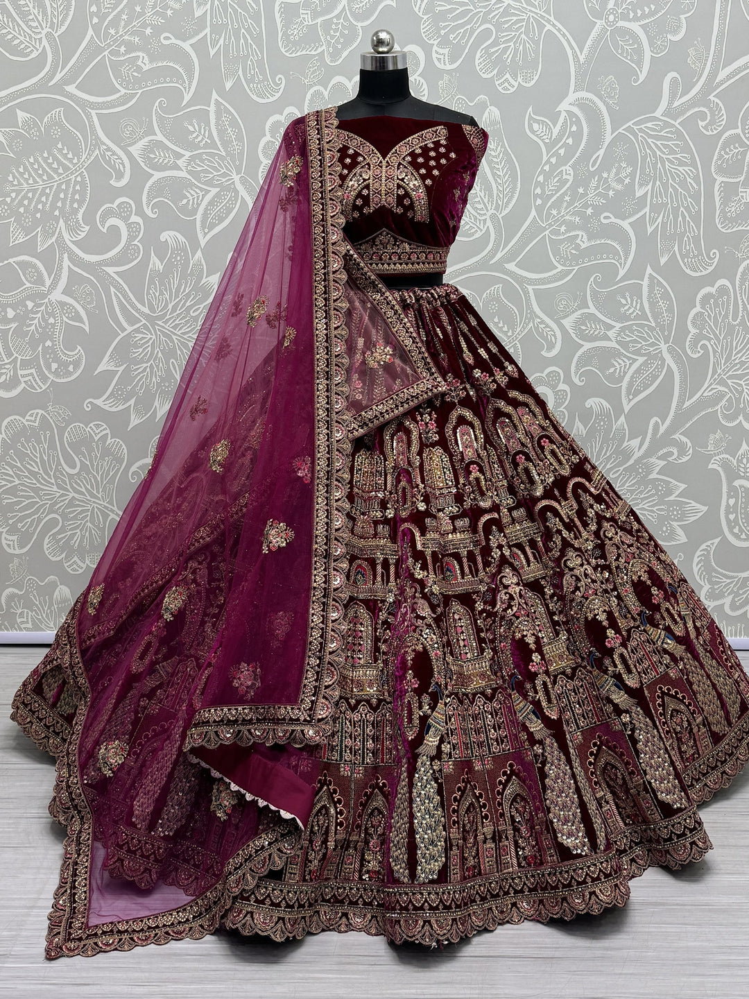 Lovely Pink Dori Work Velvet Bridal Lehenga Choli With Double Dupatta