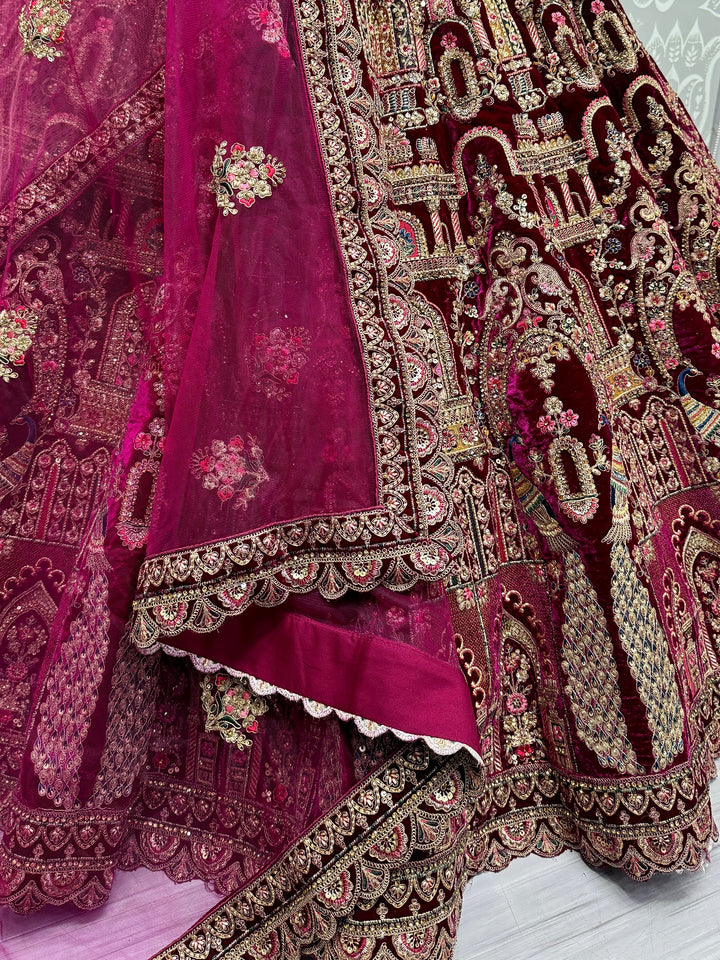 Lovely Pink Dori Work Velvet Bridal Lehenga Choli With Double Dupatta