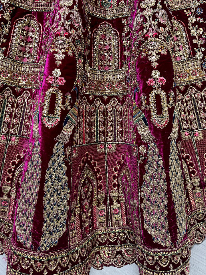 Lovely Pink Dori Work Velvet Bridal Lehenga Choli With Double Dupatta