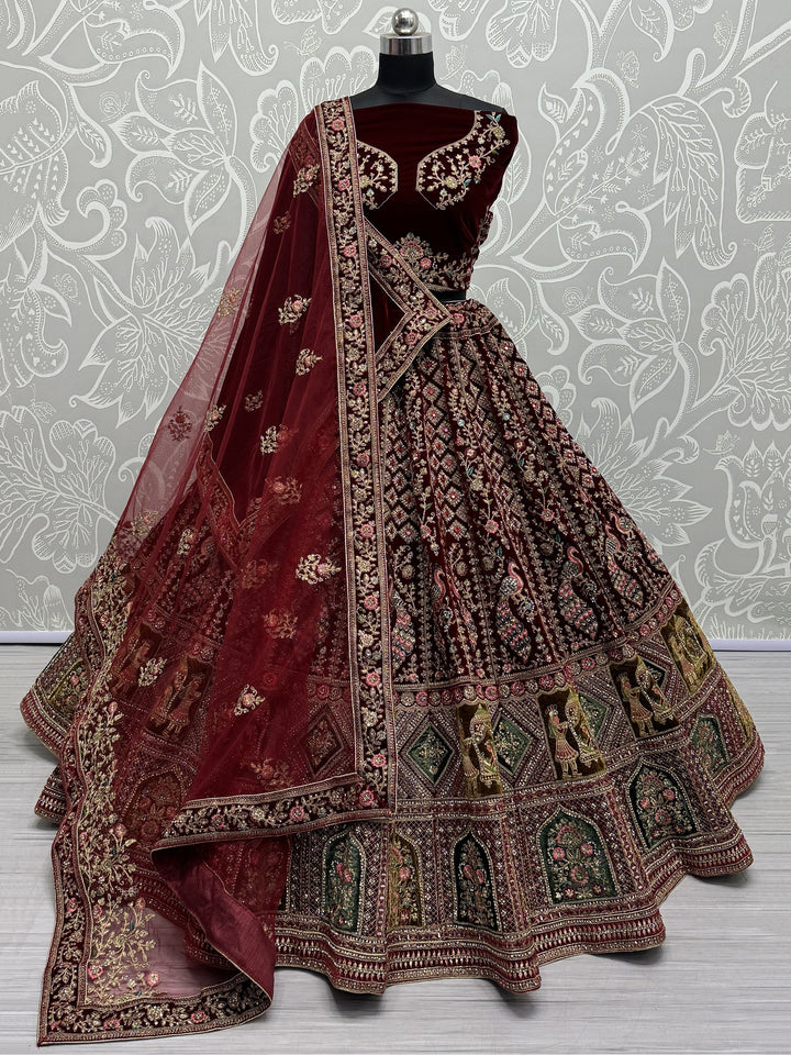 Lovely Maroon Velvet Bridal Lehenga Choli With Double Dupatta