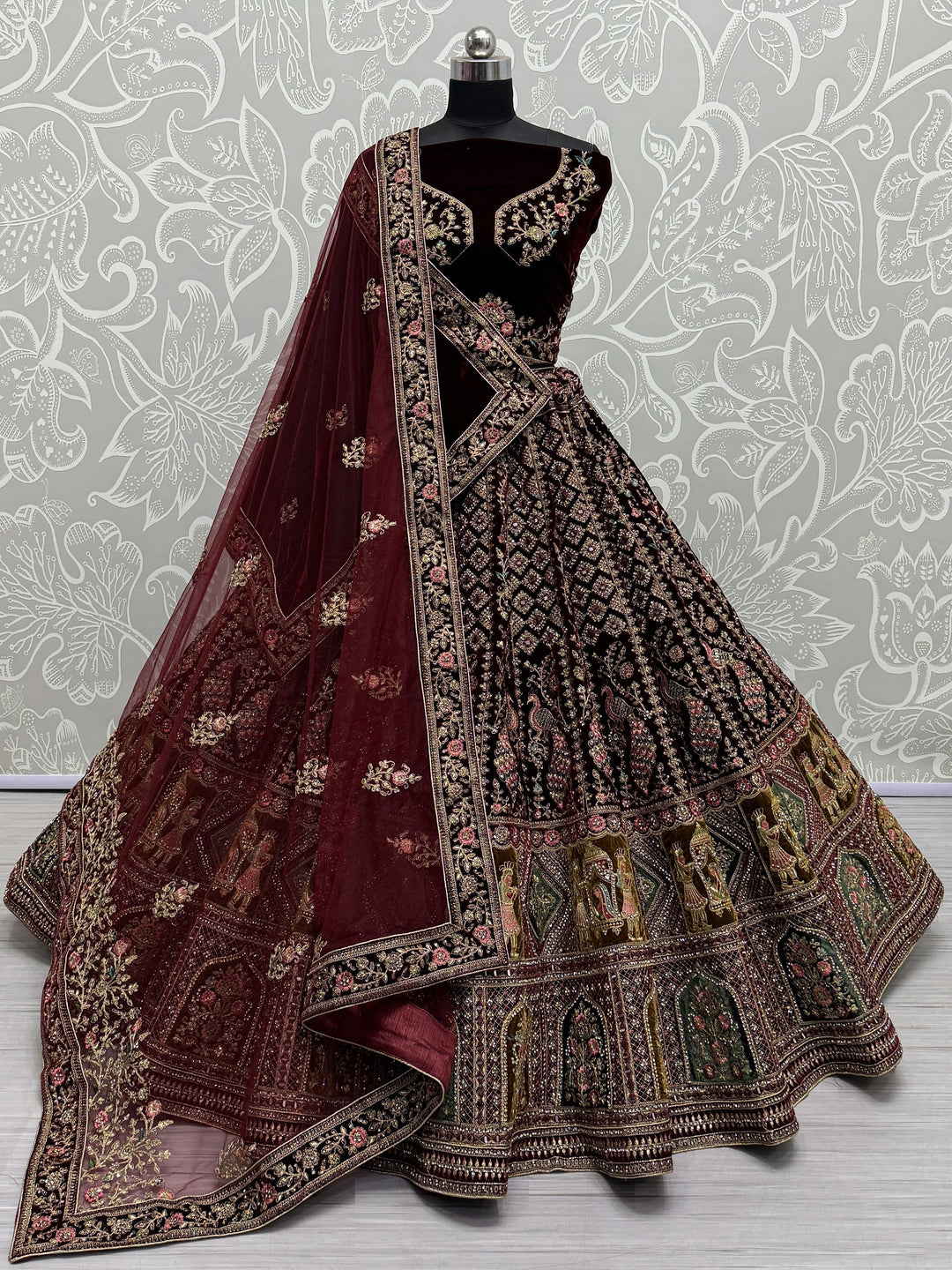 Wonderful Dark Maroon Velvet Bridal Lehenga Choli With Double Dupatta