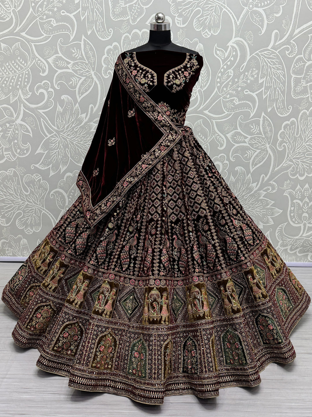 Wonderful Dark Maroon Velvet Bridal Lehenga Choli With Double Dupatta